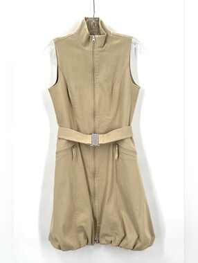 Joseph Ribkoff Belted Camel Sleeveless Full Front Zip Bubble Hem Dress